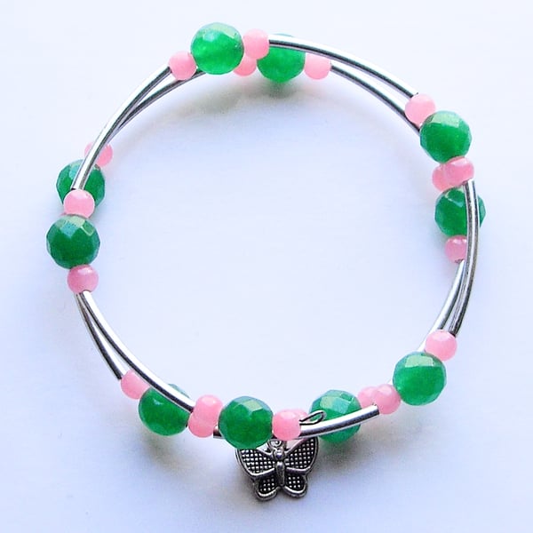 Pink Bead and Green Gemstone Wrap Bracelet - UK Free Post