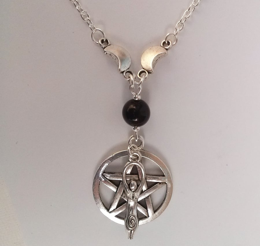 Silver Plate Black Onyx Moon Goddess Pentacle Pentagram Necklace Wicca Pagan