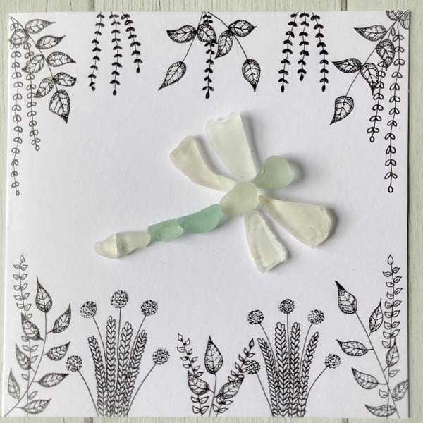 Hand drawn Dragonfly greeting card with Cornish sea glass 