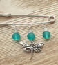 Kilt Pin Brooch with Sea Green Glass Beads and Dragonfly Charm