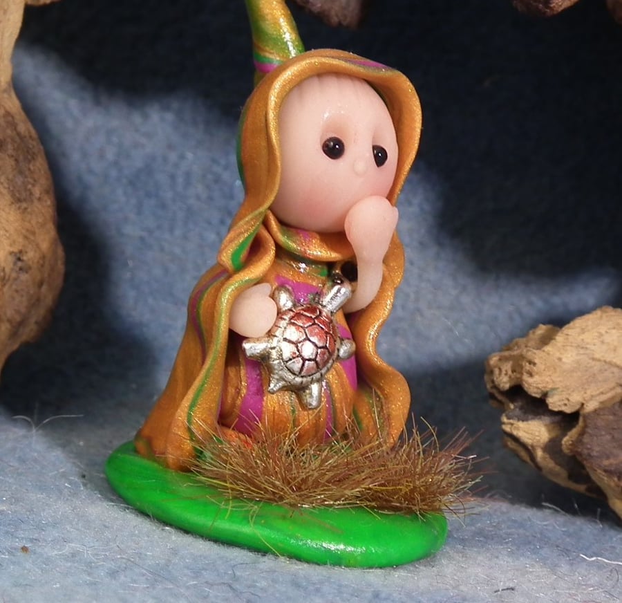 Tiny Meadow Gnome on grassy tableau OOAK Sculpt by Ann Galvin