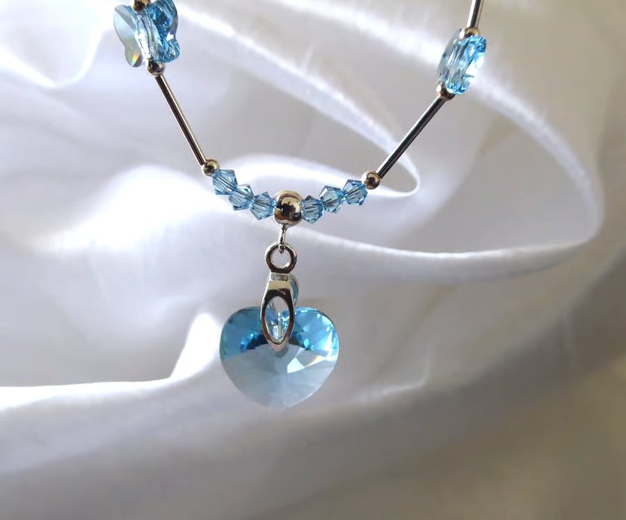 Sterling Silver Heart & Butterflies Swarovski Aquamarine Crystal Necklace 