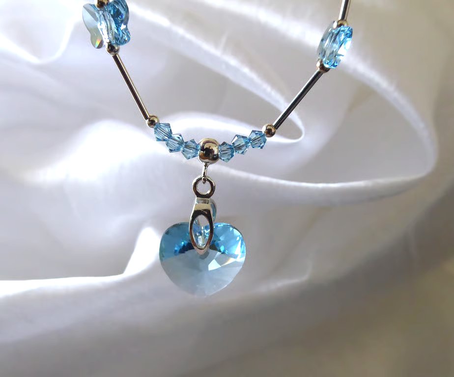 Sterling Silver Heart & Butterflies Swarovski Aquamarine Crystal Necklace 