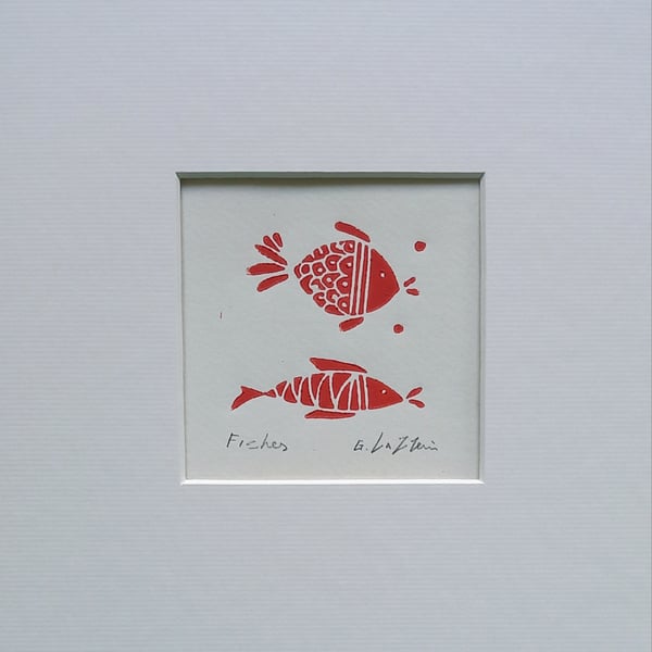 Fishes, Mini Linocut, Original Lino Print by Giuliana Lazzerini