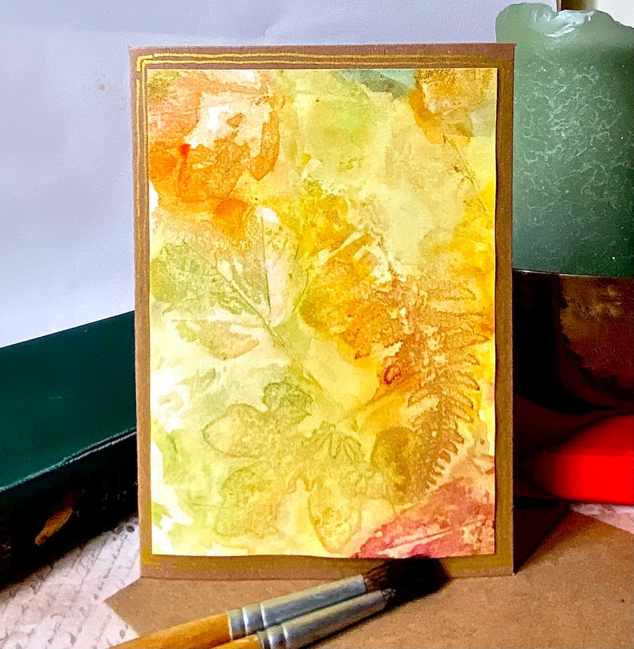 Botanical printed watercolour golden leaves, blank card
