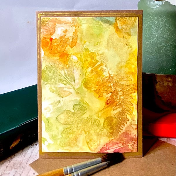 Botanical printed watercolour golden leaves, blank card