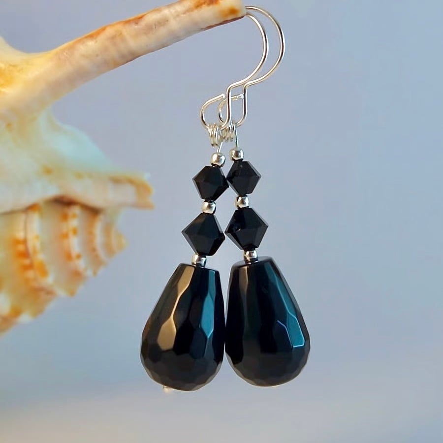 Black Onyx, Crystal & Silver Earrings, Birthday, Anniversary, Gifts For Her
