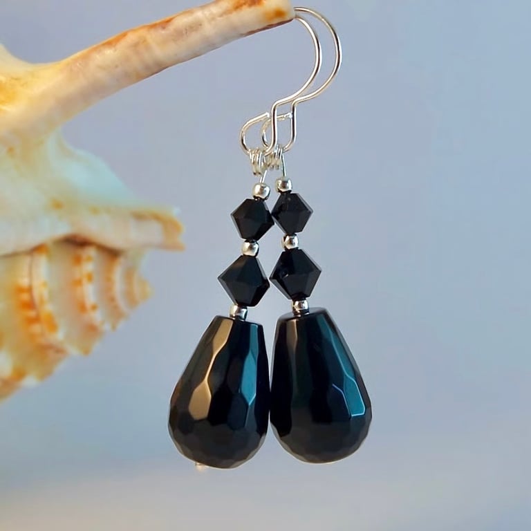 Black Onyx, Crystal & Silver Earrings, Birthday, Anniversary, Gifts For Her
