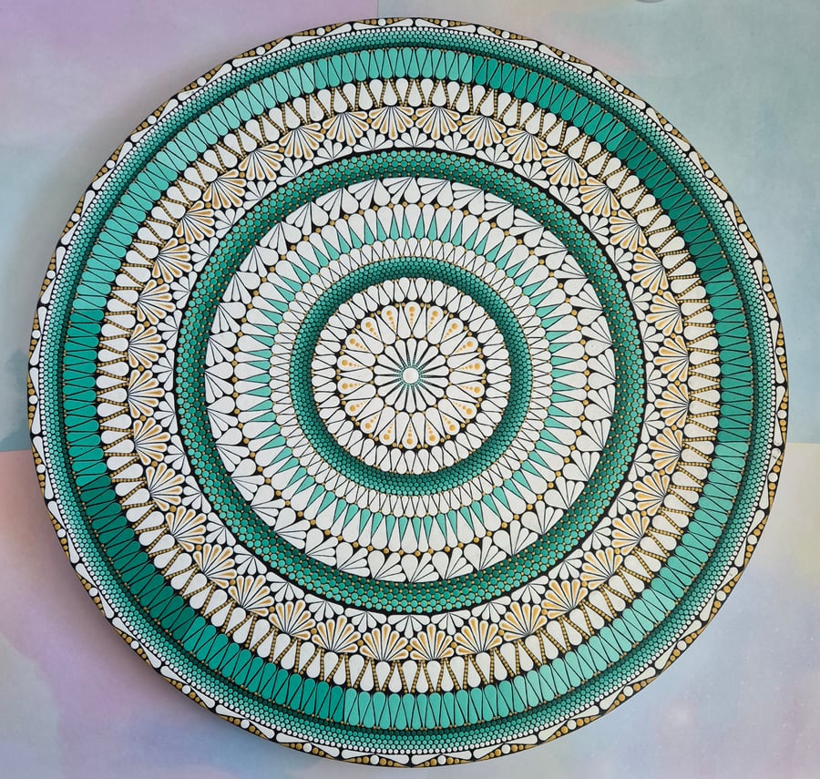 46cm Green and White Circular Mandala Painting 