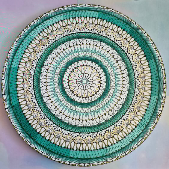 46cm Green and White Circular Mandala Painting 