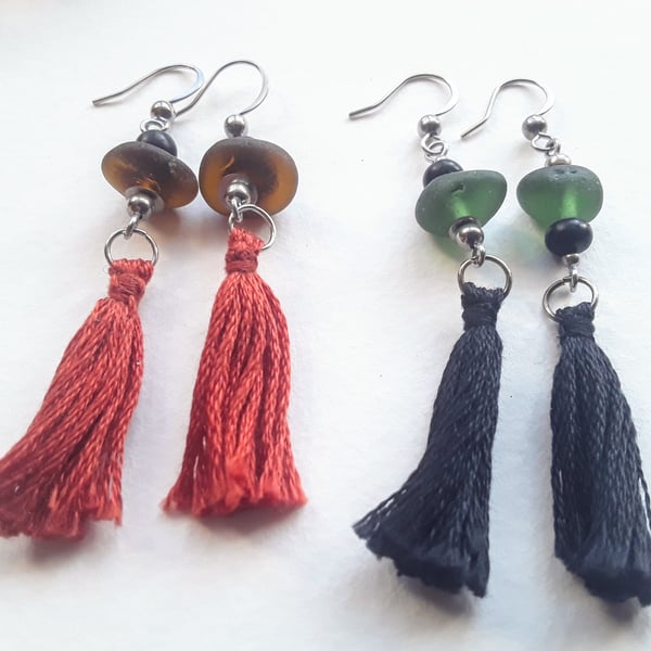 Seaglass & Tassel Earrings 