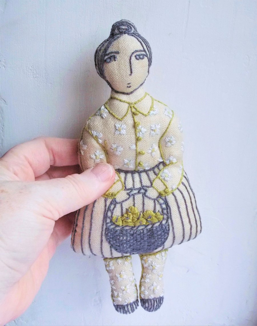 Agnes - A Hand Embroidered Textile Art Doll, Eco-friendly, Handmade - 20cms