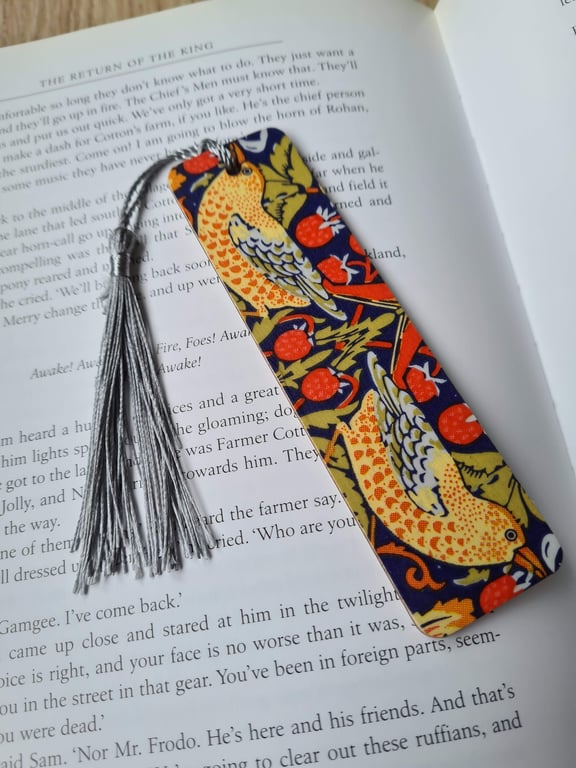 William Morris design bookmark decoupage Strawberry Thief design with tassel