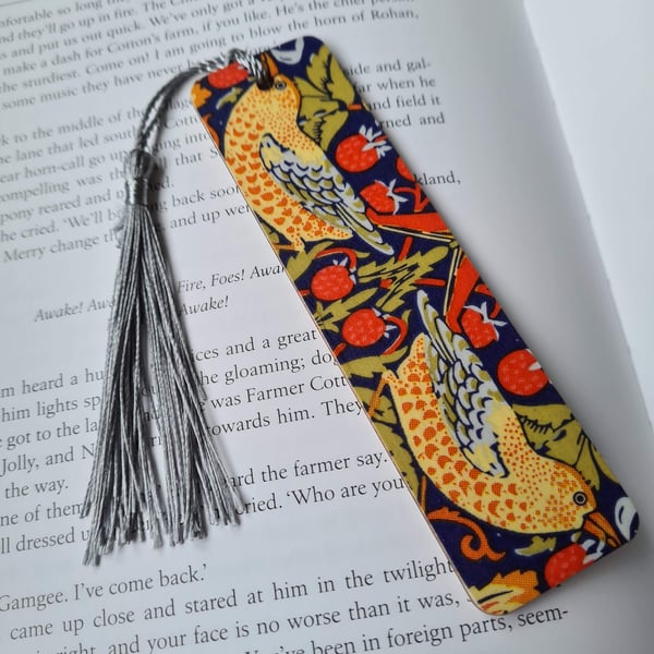 William Morris design bookmark decoupage Strawberry Thief design with tassel