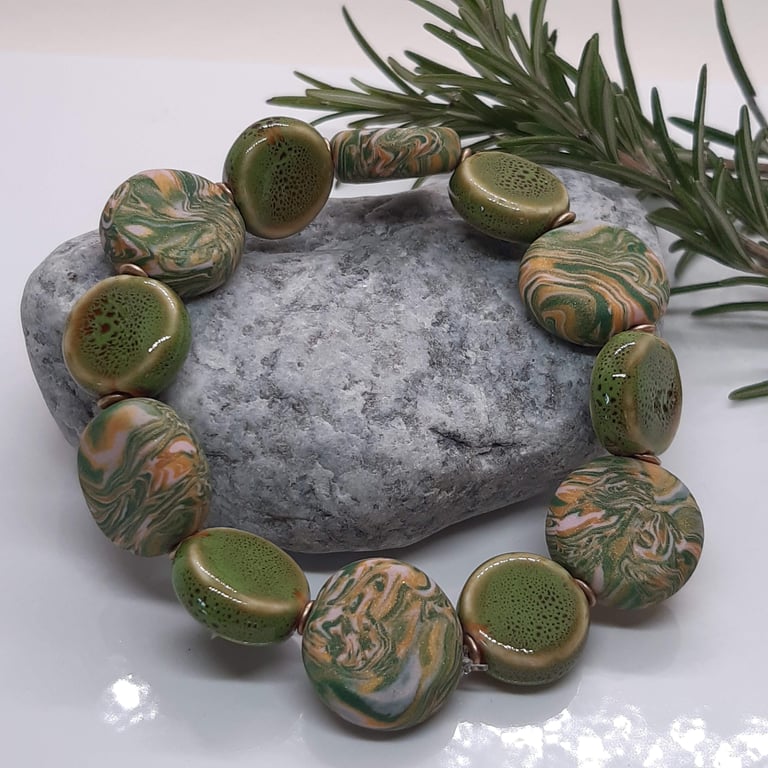 Handmade Polymer Clay & Ceramic Disc Bracelet