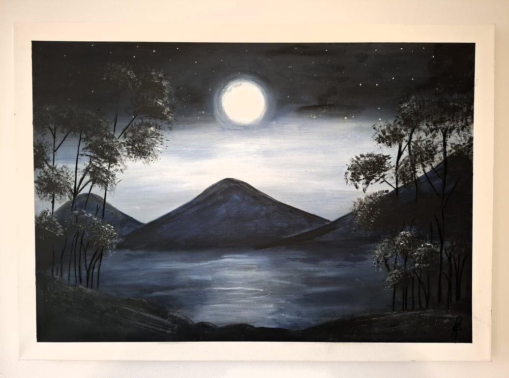 Original Painting - Landscape Paintings -"Midnight by the lake"