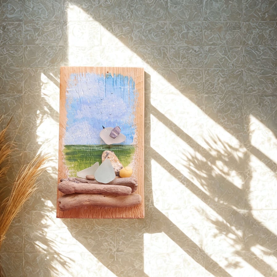 Sea Glass Seagull Wall Art on Reclaimed Wood, Beach Finds Quirky Home Decor