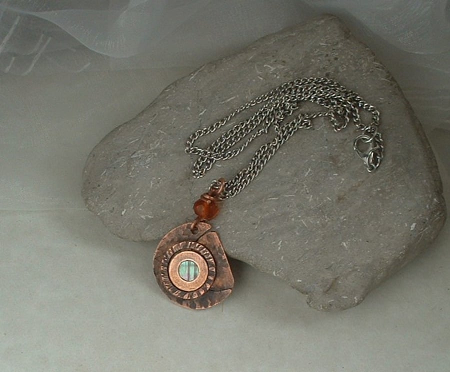 "Lunar Phases" Rustic Copper Pendant with Vintage Amber Bead