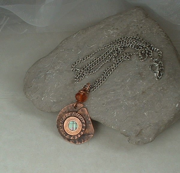 "Lunar Phases" Rustic Copper Pendant with Vintage Amber Bead