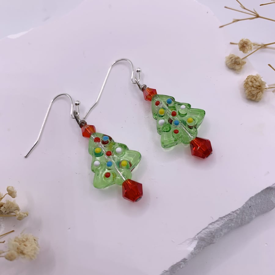 Glass Christmas Tree  Drop Earrings
