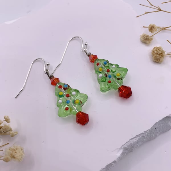 Glass Christmas Tree  Drop Earrings