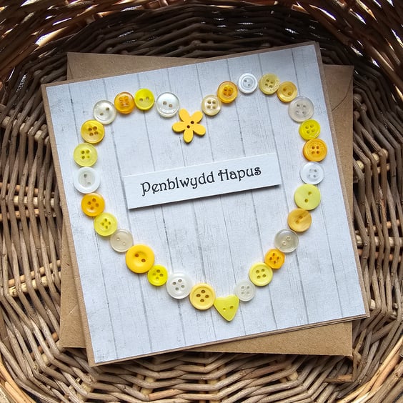 Welsh Yellow Buttons Heart Birthday Card Size 5" x 5" 