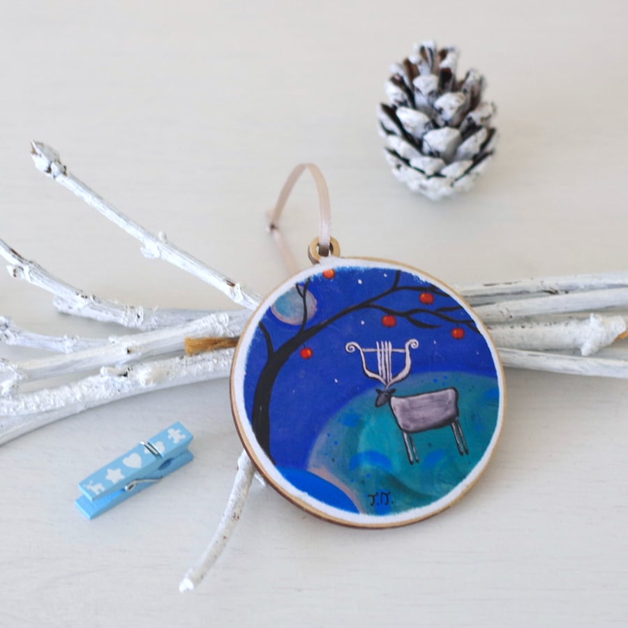 Blue Christmas Hanging Decoration, Rustic Christmas Ornament with Deer