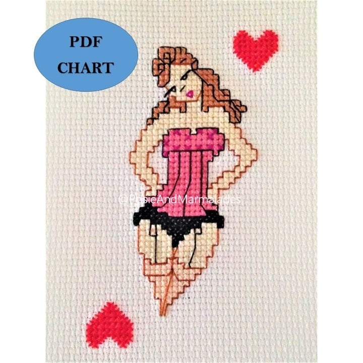 Burlesque1950s style woman playing card Cross Stitch PDF download chart