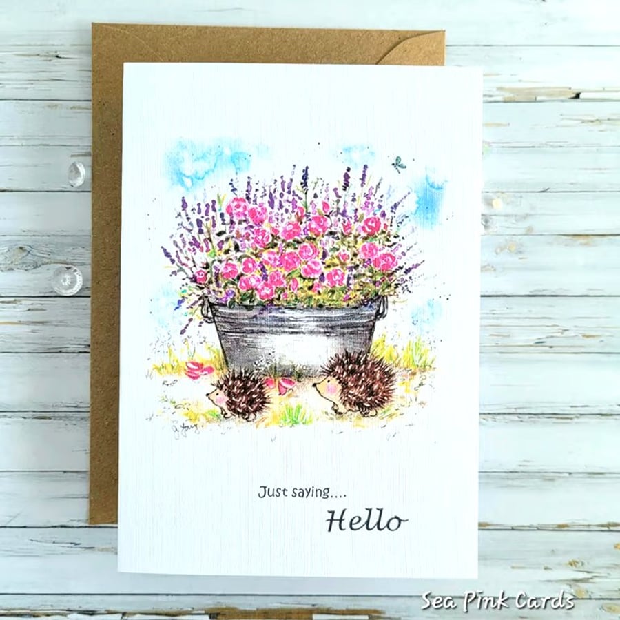 Hello greetings card - all occasion, blank, roses, hedgehogs, birthday, get well