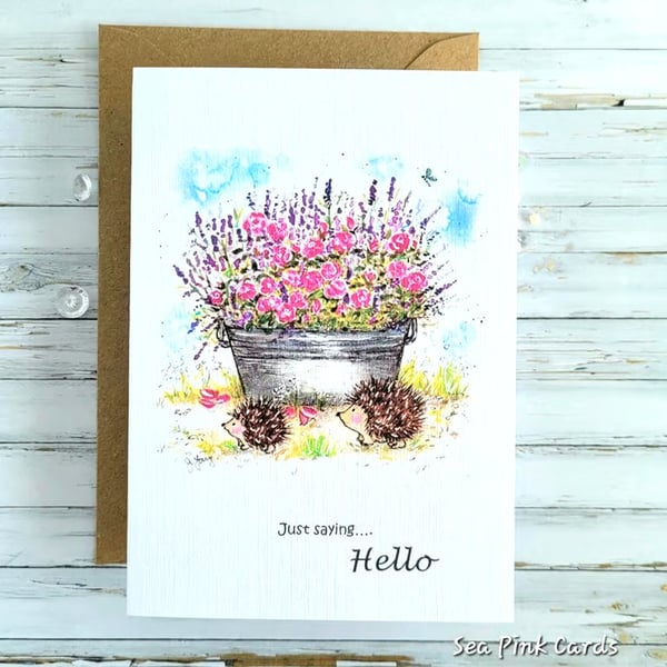 Hello greetings card - all occasion, blank, roses, hedgehogs, birthday, get well