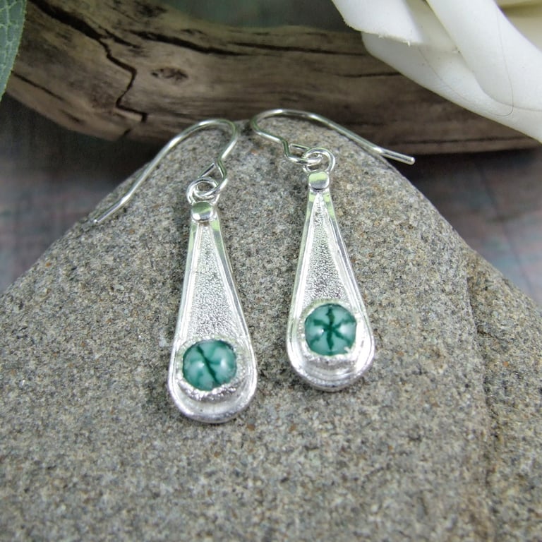Earrings, Sterling Silver Droppers with Green Fused Glass