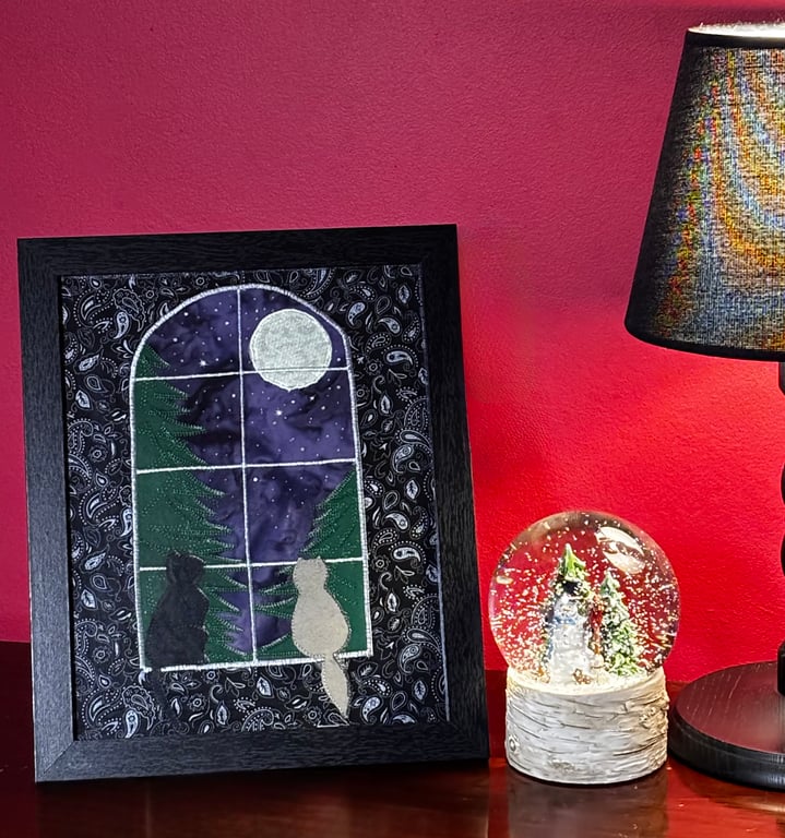 Interior table painting in a frame in the style of patchwork appliqué 