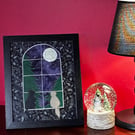 Interior table painting in a frame in the style of patchwork appliqué 