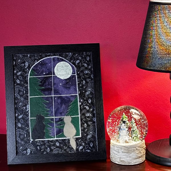 Interior table painting in a frame in the style of patchwork appliqué 