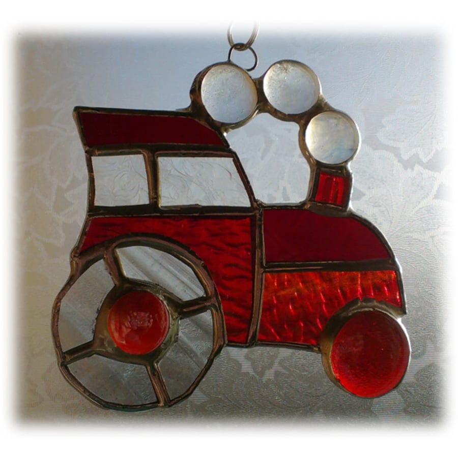SOLD Tractor Suncatcher Stained Glass Red Handmade 036