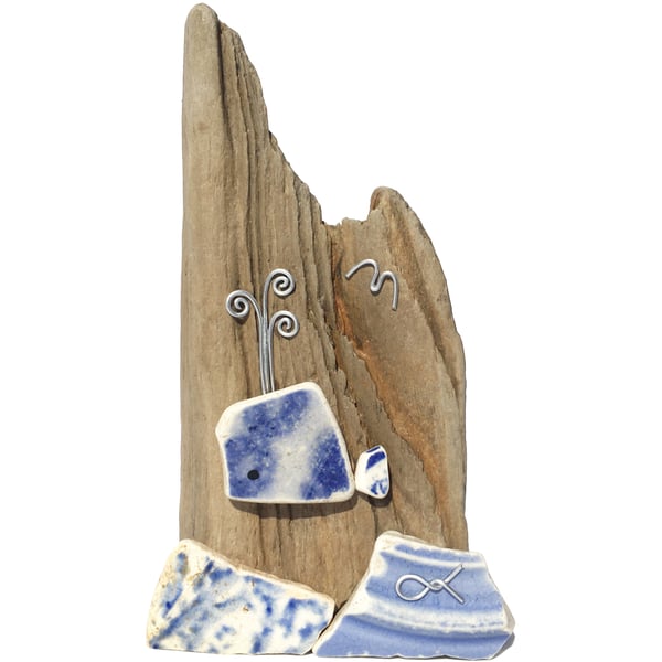 Handmade Whale on Driftwood - Beach Pottery & Pebble Art Wooden Ornament UK
