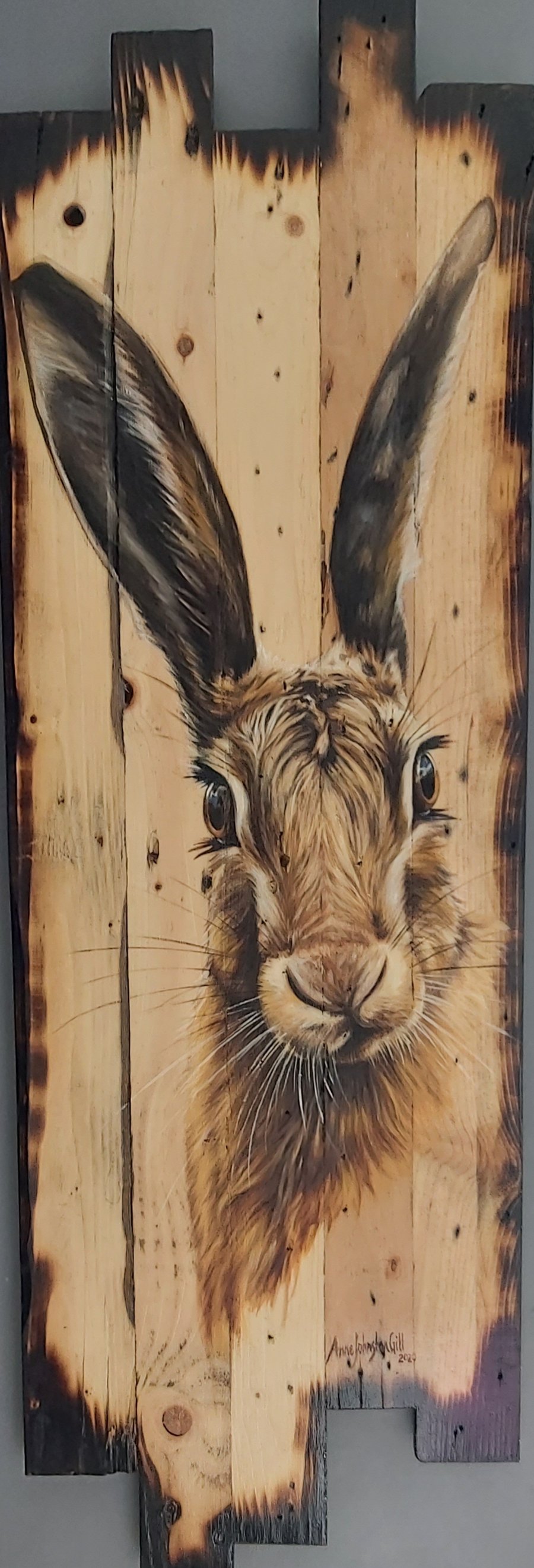 Hare painting on wood, Original art, oil on reclaimed wood