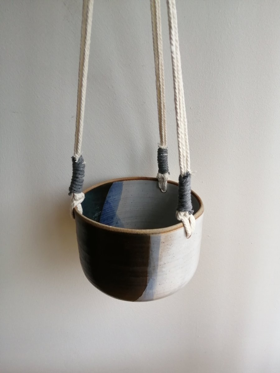 Handmade hanging planter in Burbage Blue and white glaze