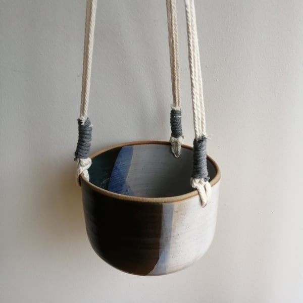 Handmade hanging planter in Burbage Blue and white glaze