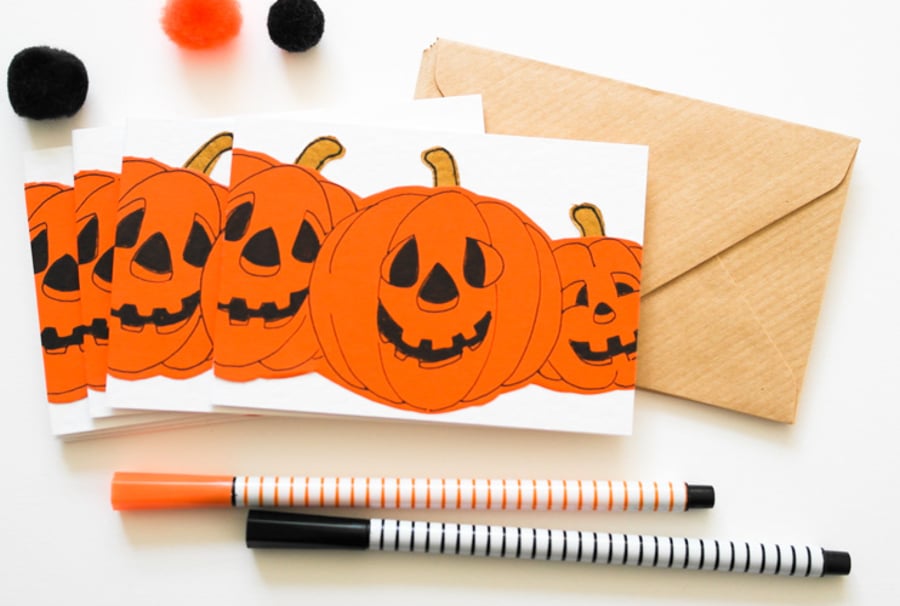 6 Pack Halloween Mini Cards, Pumpkin notecards, Handmade Halloween Party Invites