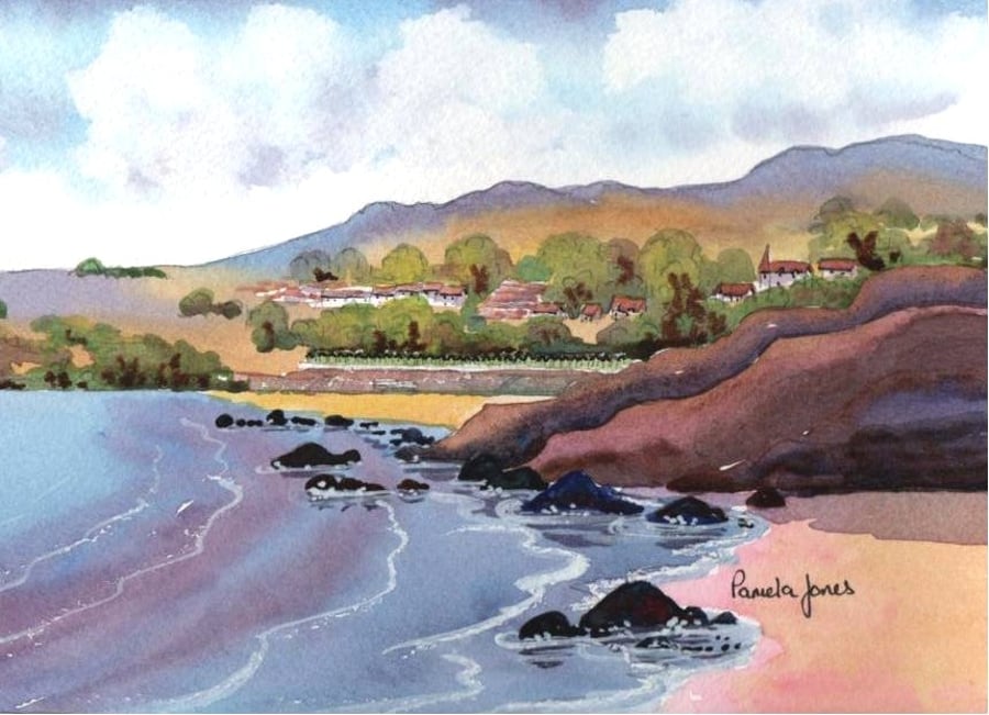 Langland Bay, Gower, Wales, Watercolour Print, in 8 x 6 '' Mount
