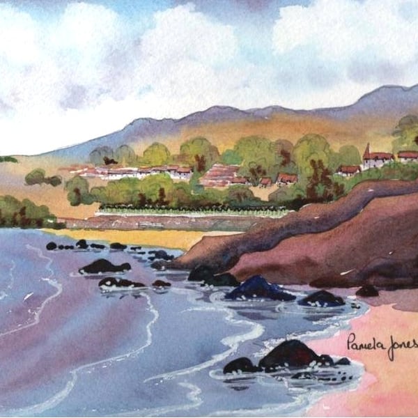 Langland Bay, Gower, Wales, Watercolour Print, in 8 x 6 '' Mount
