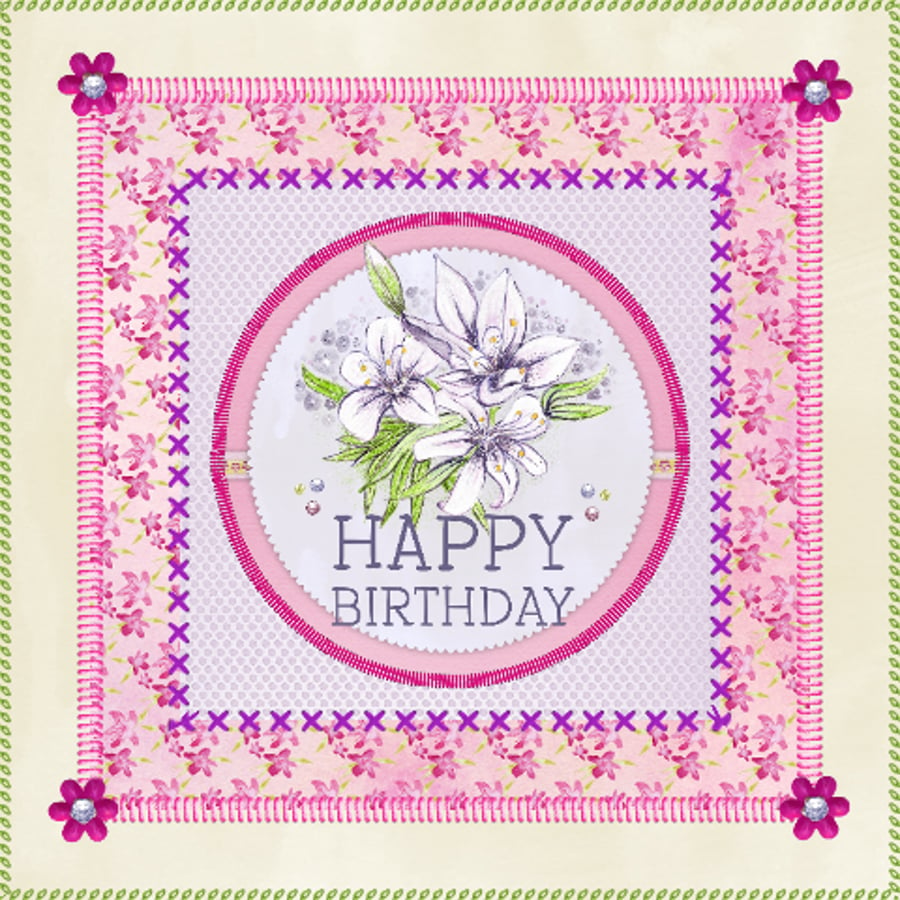 Flowers birthday card, Lily tapestry 