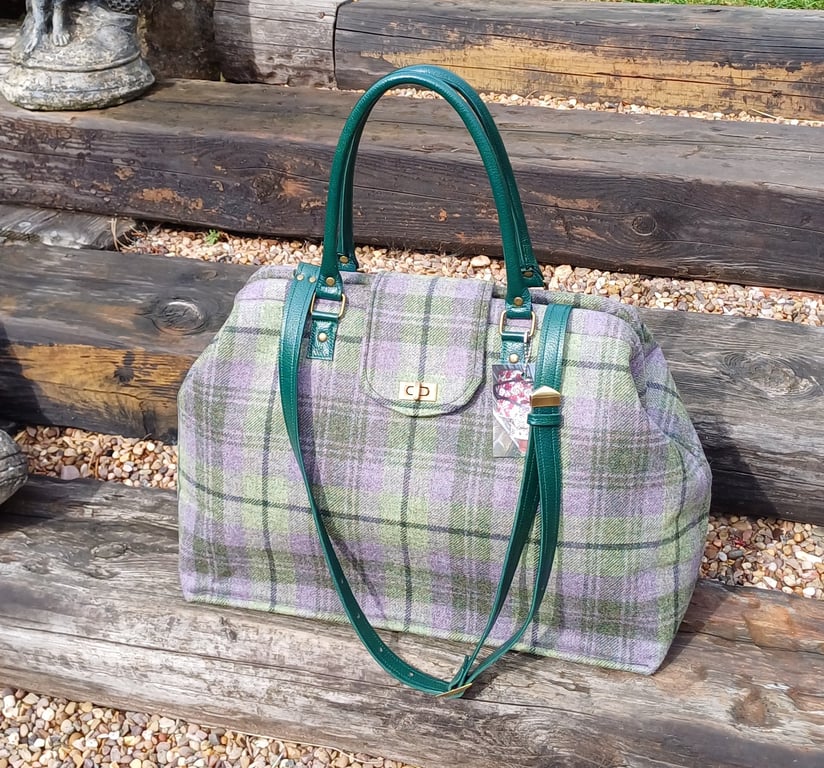 Carpet bag green purple wool tweed weekend travel bag Mary Poppins overnight bag