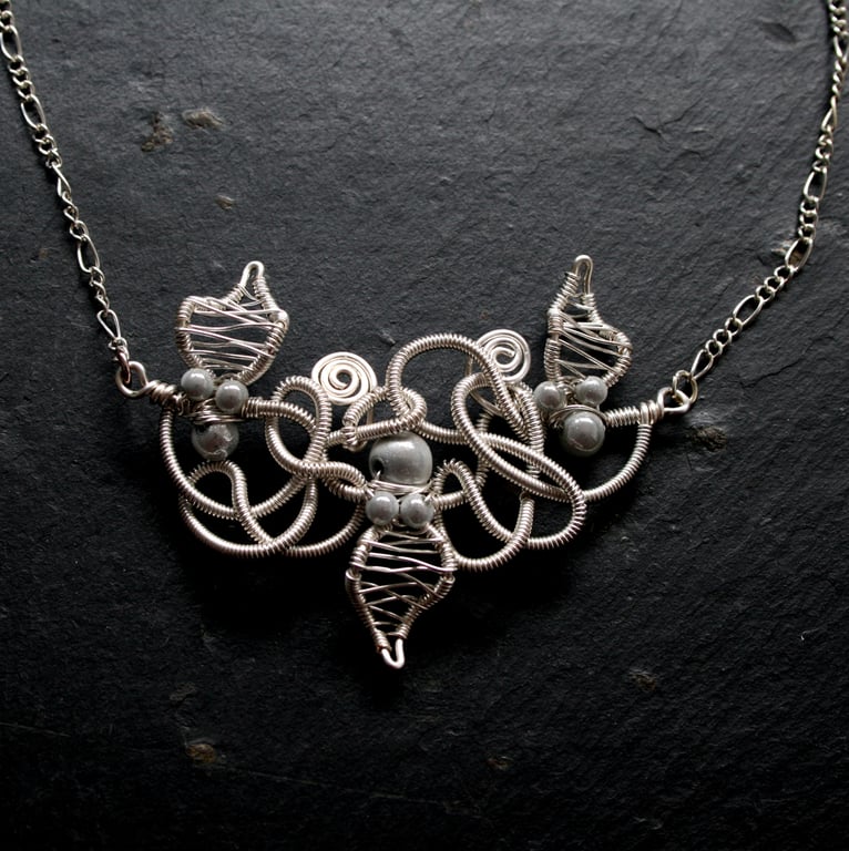 Silver Wirework Statement Necklace with White Miracle Beads - Sculptural Design