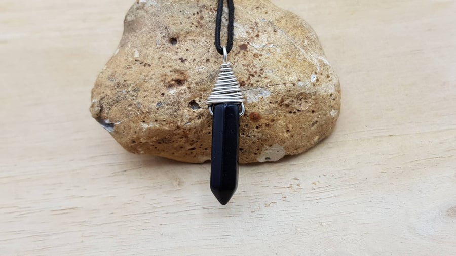 Sterling silver Black Obsidian pendant. Reiki jewellery. Wire wrap necklace