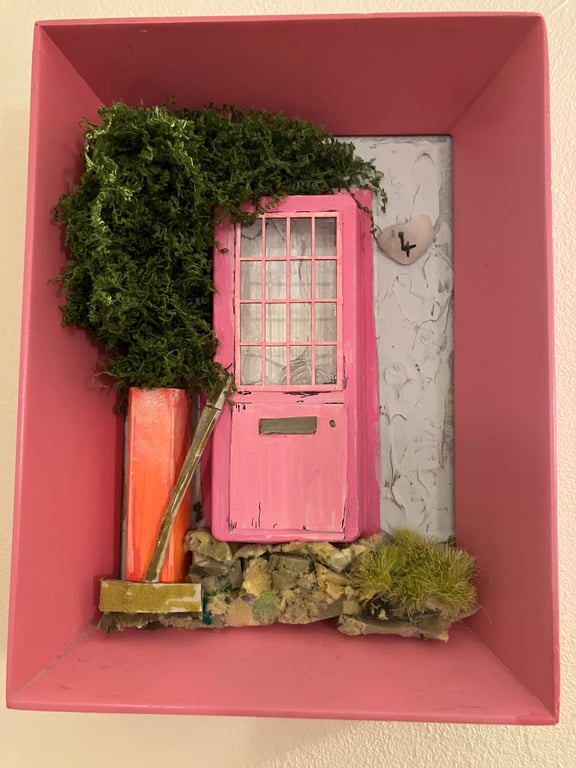 The Pink Cottage Miniature Door Diorama Unique Hand Painted Mixed Media Wall Art