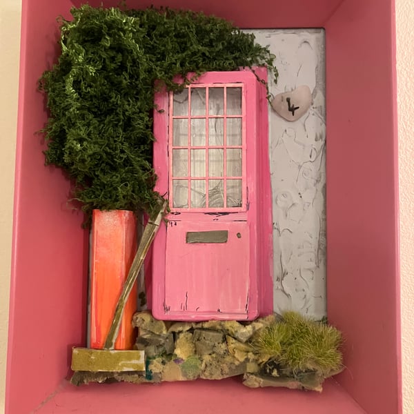 The Pink Cottage Miniature Door Diorama Unique Hand Painted Mixed Media Wall Art