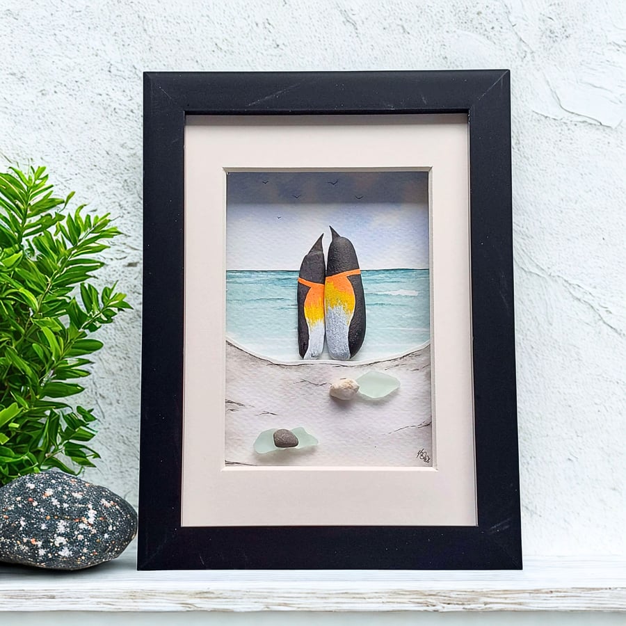 Pebble Penguins Original Art - Watercolour Sea Glass Coastal Home Decor