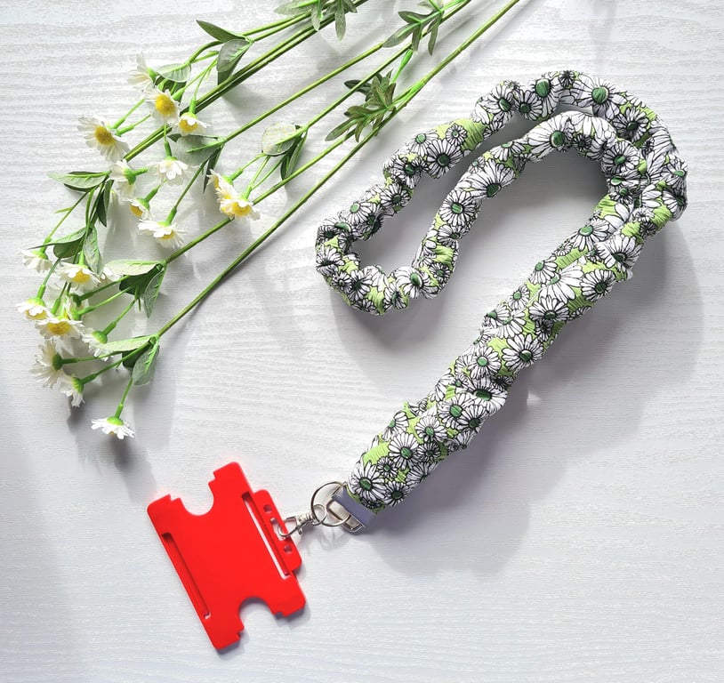 Handmade Scrunchie Lanyard Green & White Daisies Soft Cotton ID Badge Holder